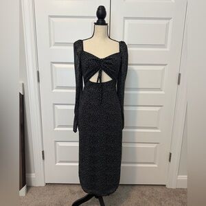 Nasty Gal Black White Polka Dot Long Sleeve Cutout Midi Dress